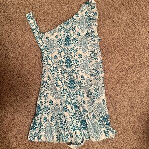 One-Shoulder Blue and White Floral Dress